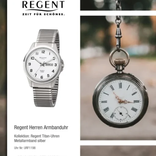 Regent Herren Armbanduhr Analog F-1198 Quarz-Uhr Titan silber URF1198