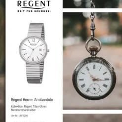 Regent Herren Armbanduhr Analog F-1200 Quarz-Uhr Titan silber URF1200