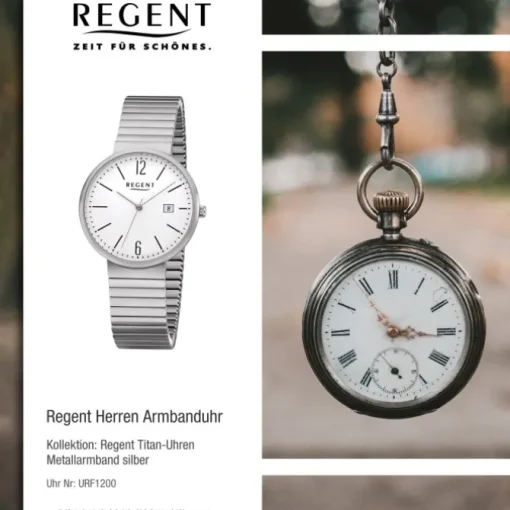 Regent Herren Armbanduhr Analog F-1200 Quarz-Uhr Titan silber URF1200