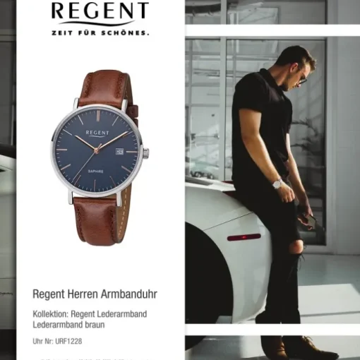 Regent Herren Armbanduhr Analog F-1228 Quarz-Uhr Leder braun URF1228