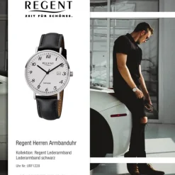 Regent Herren Armbanduhr Analog F-1229 Quarz-Uhr Leder schwarz URF1229