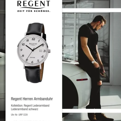 Regent Herren Armbanduhr Analog F-1229 Quarz-Uhr Leder schwarz URF1229
