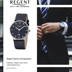 Regent Herren Armbanduhr Analog F-1233 Quarz-Uhr Titan blau URF1233
