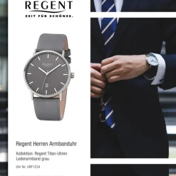 Regent Herren Armbanduhr Analog F-1234 Quarz-Uhr Titan grau URF1234