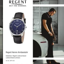Regent Herren Armbanduhr Analog F-1235 Quarz-Uhr Leder schwarz URF1235