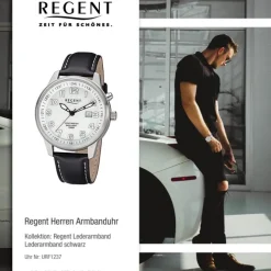 Regent Herren Armbanduhr Analog F-1237 Quarz-Uhr Leder schwarz URF1237