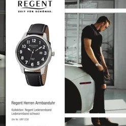 Regent Herren Armbanduhr Analog F-1238 Quarz-Uhr Leder schwarz URF1238
