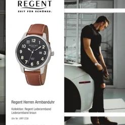 Regent Herren Armbanduhr Analog F-1239 Quarz-Uhr Leder braun URF1239