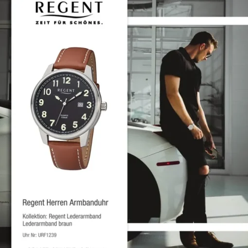 Regent Herren Armbanduhr Analog F-1239 Quarz-Uhr Leder braun URF1239
