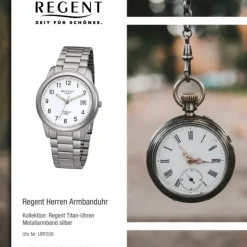Regent Herren Armbanduhr Analog F-208 Quarz-Uhr Titan silber URF208