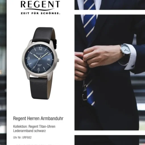 Regent Herren Armbanduhr Analog F-682 Quarz-Uhr Titan schwarz URF682