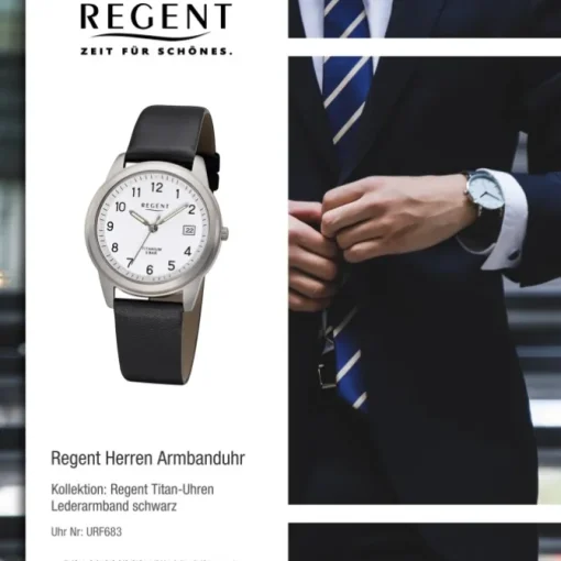 Regent Herren Armbanduhr Analog F-683 Quarz-Uhr Titan schwarz URF683