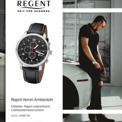 Regent Herren Armbanduhr Analog GM-2108 Quarz-Uhr Lederband schwarz URGM2108