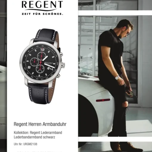 Regent Herren Armbanduhr Analog GM-2108 Quarz-Uhr Lederband schwarz URGM2108