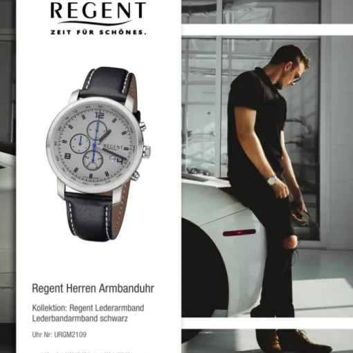 Regent Herren Armbanduhr Analog GM-2109 Quarz-Uhr Lederband schwarz URGM2109