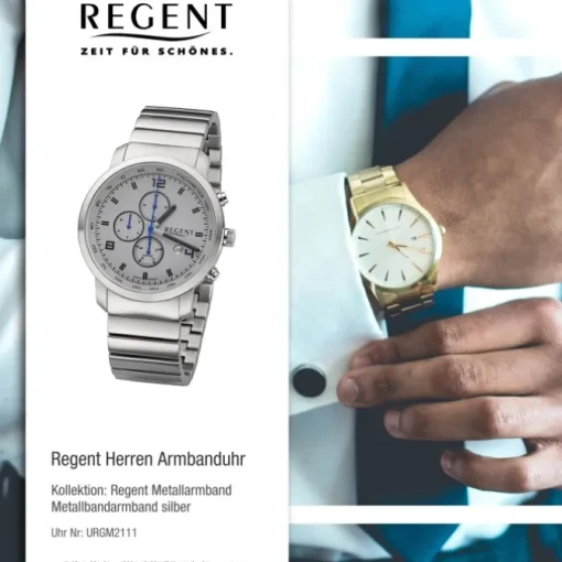 Regent Herren Armbanduhr Analog GM-2111 Quarz-Uhr Metallband silber URGM2111