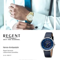 Regent Herren Armbanduhr Analog Lederarmband dunkelblau URBA721