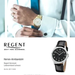 Regent Herren Armbanduhr Analog 1112420 Quarz-Uhr Leder schwarz UR1112420