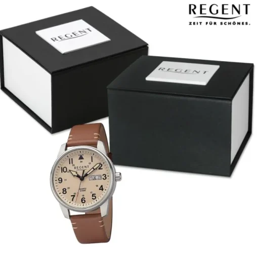 Regent Herren Armbanduhr Analog Lederarmband braun hellbraun URF1255