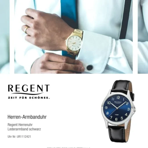 Regent Herren Armbanduhr Analog 1112421 Quarz-Uhr Leder schwarz UR1112421