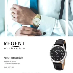 Regent Herren Armbanduhr Analog F-1227 Quarz-Uhr Leder schwarz URF1227