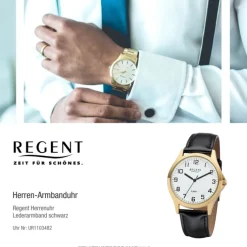 Regent Herren Armbanduhr Analog 1103482 Quarz-Uhr Leder schwarz UR1103482