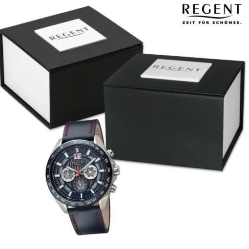 Regent Herren Armbanduhr Analog Lederarmband blau rot URBA827