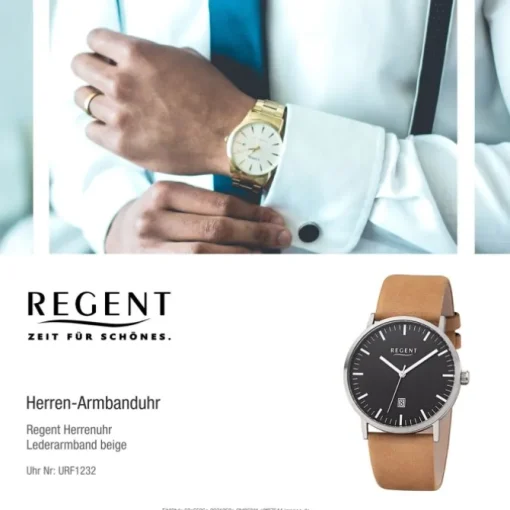 Regent Herren Armbanduhr Analog F-1232 Quarz-Uhr Titan beige URF1232