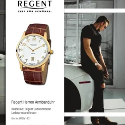 Regent Herren Armbanduhr Analog GM-1401 Quarz-Uhr Leder braun URGM1401