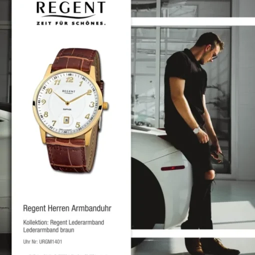 Regent Herren Armbanduhr Analog GM-1401 Quarz-Uhr Leder braun URGM1401