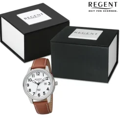 Regent Herren Armbanduhr Analog Lederarmband braun weiß URF1256