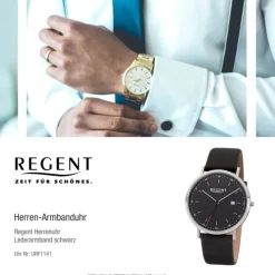 Regent Herren Armbanduhr Analog F-1141 Quarz-Uhr Leder schwarz URF1141