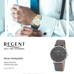 Regent Herren Armbanduhr Analog F-1142 Quarz-Uhr Leder grau URF1142