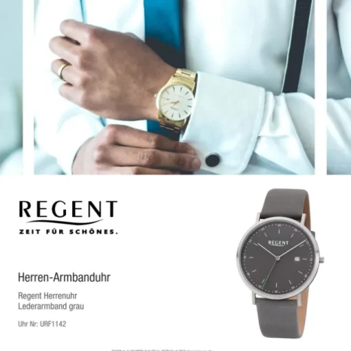 Regent Herren Armbanduhr Analog F-1142 Quarz-Uhr Leder grau URF1142