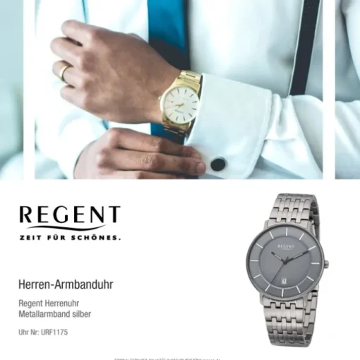 Regent Herren Armbanduhr Analog F-1175 Quarz-Uhr Titan silber URF1175