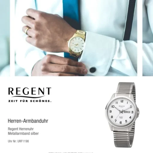 Regent Herren Armbanduhr Analog F-1198 Quarz-Uhr Titan silber URF1198