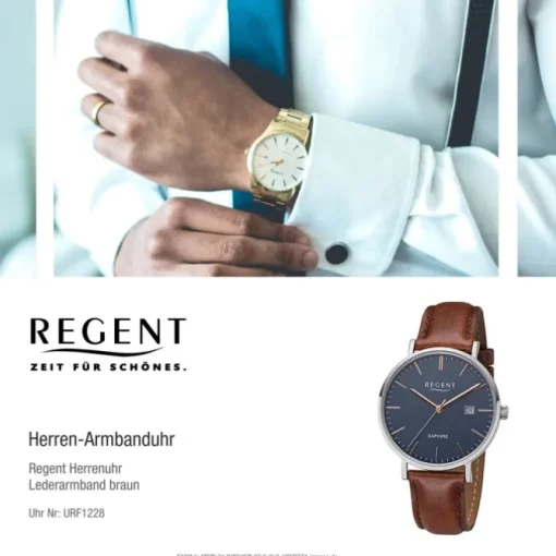 Regent Herren Armbanduhr Analog F-1228 Quarz-Uhr Leder braun URF1228