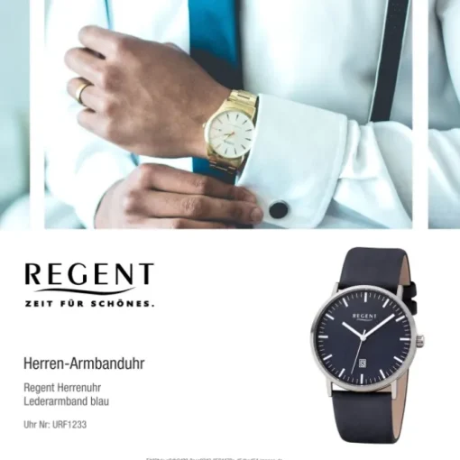 Regent Herren Armbanduhr Analog F-1233 Quarz-Uhr Titan blau URF1233