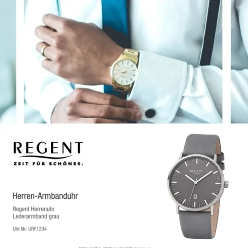 Regent Herren Armbanduhr Analog F-1234 Quarz-Uhr Titan grau URF1234