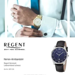 Regent Herren Armbanduhr Analog F-1235 Quarz-Uhr Leder schwarz URF1235