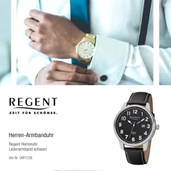 Regent Herren Armbanduhr Analog F-1238 Quarz-Uhr Leder schwarz URF1238
