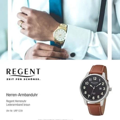 Regent Herren Armbanduhr Analog F-1239 Quarz-Uhr Leder braun URF1239