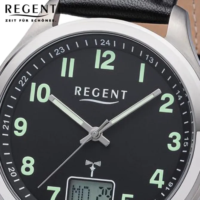 Regent Herren Funkuhr Analog-Digital Lederarmband schwarz weiß UR1501562