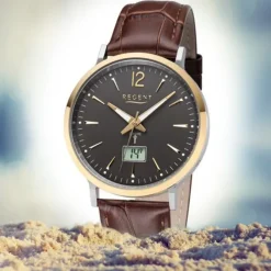 Regent Herren Funkuhr Analog-Digital FR-244 Funk-Uhr Leder braun URFR244