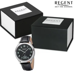Regent Herren Funkuhr Analog-Digital Lederarmband schwarz weiß UR1501562