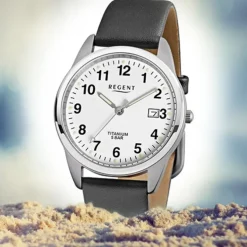 Regent Herren Titan Armbanduhr Quarzwerk Lederarmband schwarz URF685