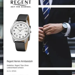Regent Herren Titan Armbanduhr Quarzwerk Lederarmband schwarz URF685