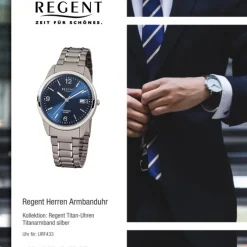 Regent Herren Titan Armbanduhr Mineralglas Quarz Titan silber grau URF433