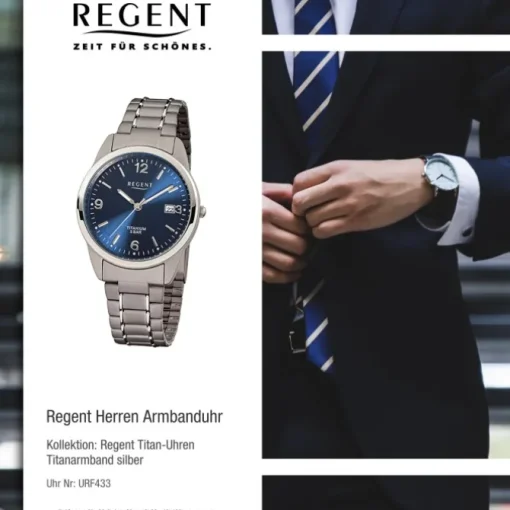 Regent Herren Titan Armbanduhr Mineralglas Quarz Titan silber grau URF433