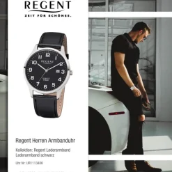 Regent Herren-Armbanduhr 32-1113406 Quarz-Uhr Leder-Armband schwarz UR1113406